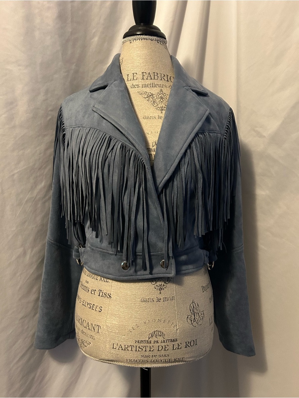 Fringe Faux Suede Cropped Jacket -Powder Blue by Forever 21